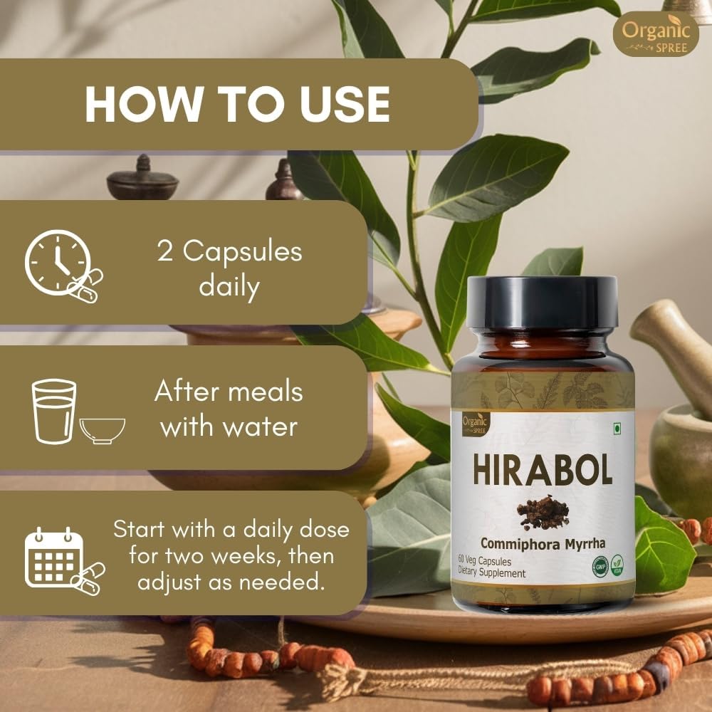 Organic Hirabol Capsules - 900mg per Serving | Vegan and Natural Commiphora myrrha Supplement | 60 Capsules