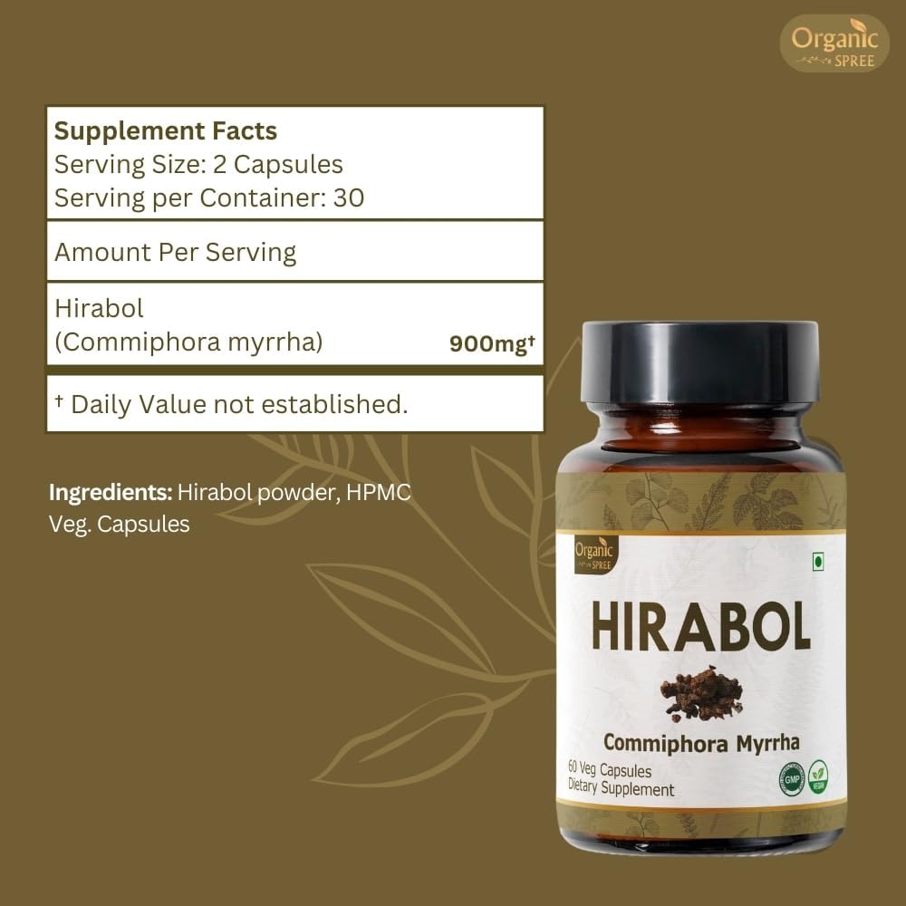 Organic Hirabol Capsules - 900mg per Serving | Vegan and Natural Commiphora myrrha Supplement | 60 Capsules