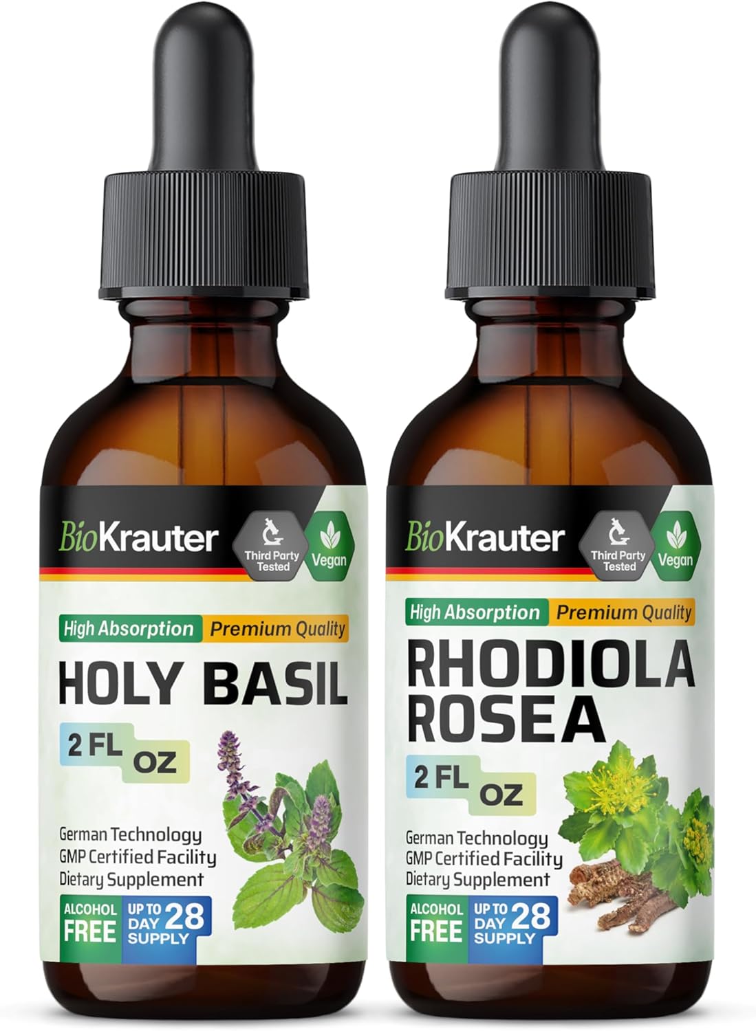 Organic Holy Basil and Rhodiola Rosea Tinctures Bundle - 2 Fl. Oz. Each