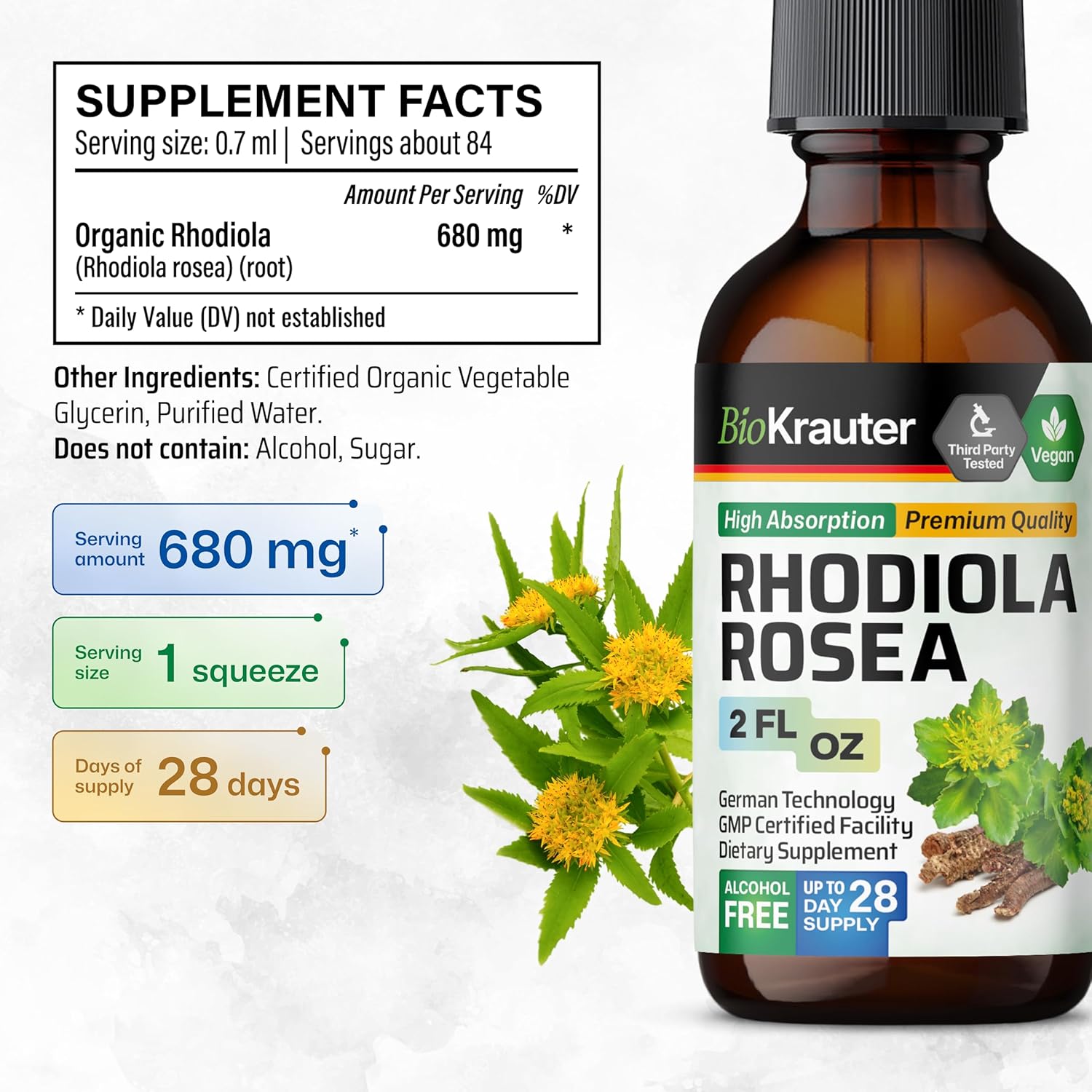 Organic Holy Basil and Rhodiola Rosea Tinctures Bundle - 2 Fl. Oz. Each