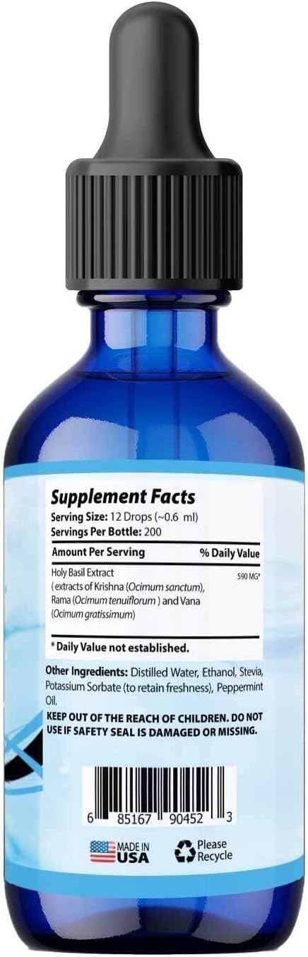 Organic Holy Basil Extract 4 Oz Drops - Immunity Boost - 200 Servings - USA Made - Third-Party Tested - Non-GMO - GMP Certified - Cruelty Free
