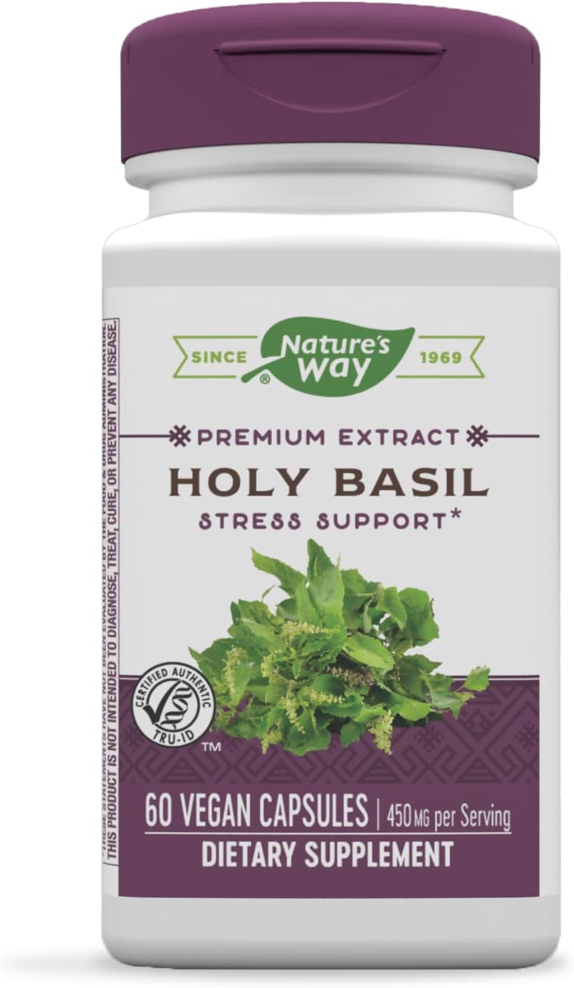 Organic Holy Basil Extract Capsules - 450mg Per Serving - Stress Relief Support - Plant-Based Adaptogen - Gluten-Free - 60 Vegan Capsules