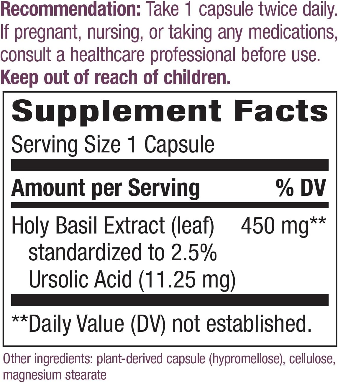 Organic Holy Basil Extract Capsules - 450mg Per Serving - Stress Relief Support - Plant-Based Adaptogen - Gluten-Free - 60 Vegan Capsules