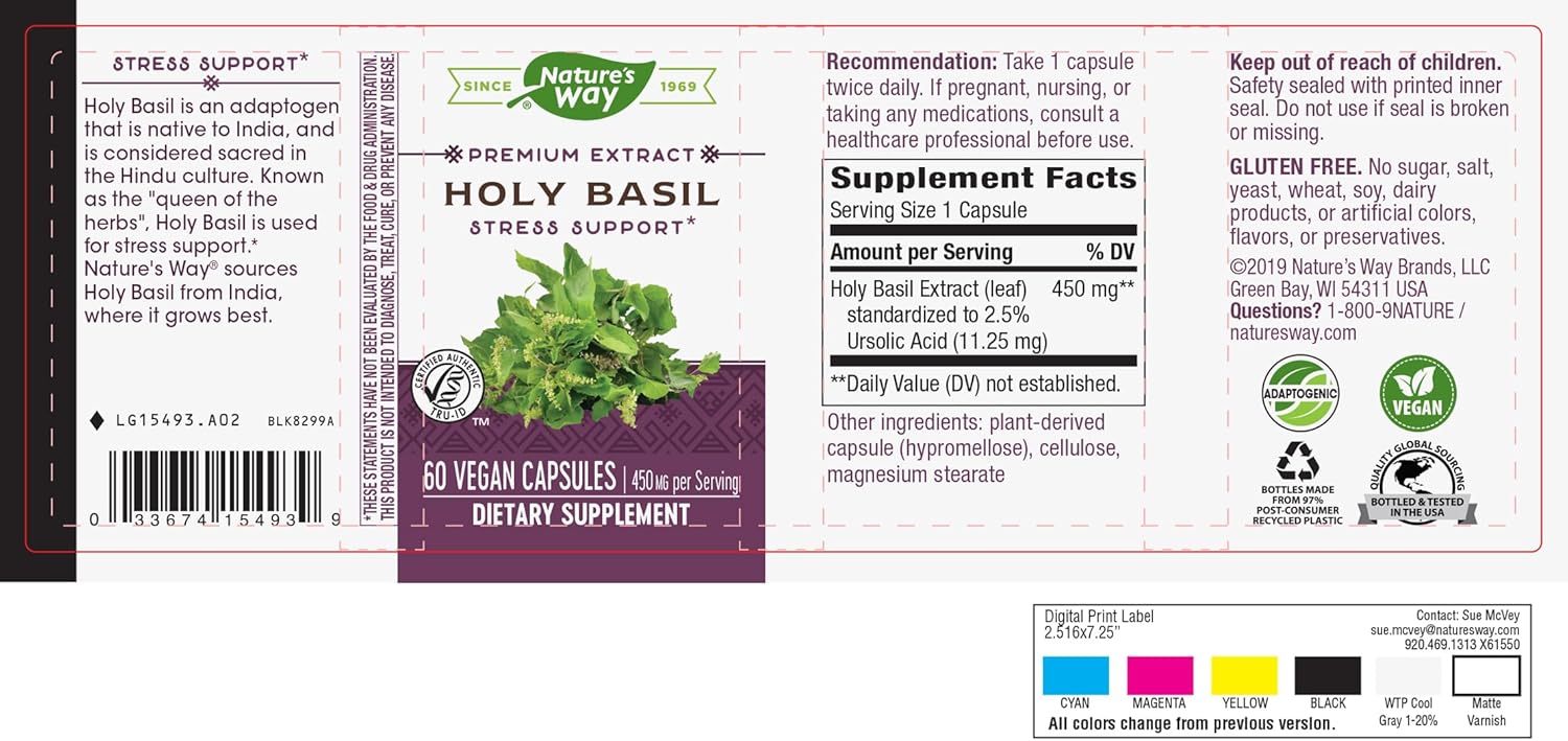 Organic Holy Basil Extract Capsules - 450mg Per Serving - Stress Relief Support - Plant-Based Adaptogen - Gluten-Free - 60 Vegan Capsules