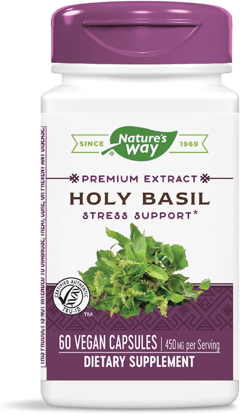 Organic Holy Basil Extract Capsules - 450mg Per Serving - Stress Relief Support - Plant-Based Adaptogen - Gluten-Free - 60 Vegan Capsules