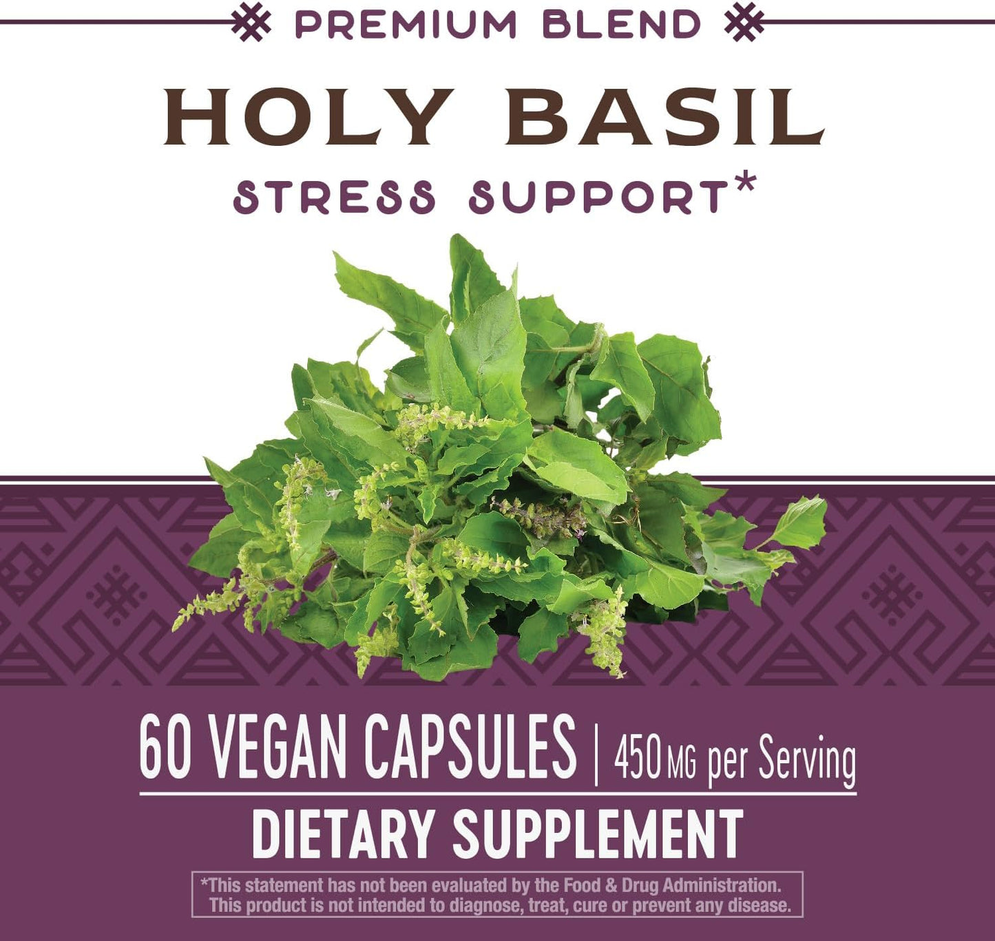 Organic Holy Basil Extract Capsules - 450mg Per Serving - Stress Relief Support - Plant-Based Adaptogen - Gluten-Free - 60 Vegan Capsules