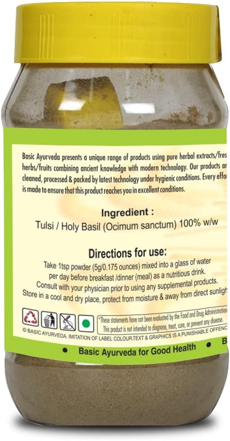 Organic Holy Basil Powder 7.05 Oz (200g) - Herbal Supplement for Digestion & Immune Support - Ayurvedic Tulsi Leaves Extract