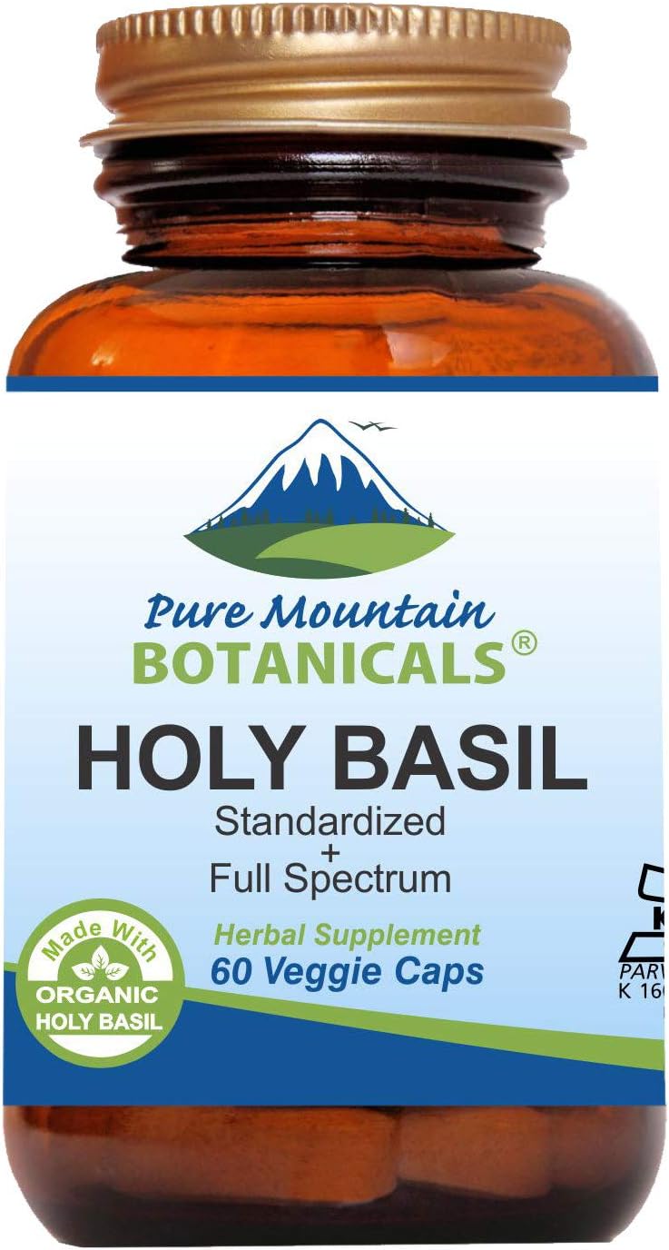 Organic Holy Basil Tulsi Capsules - Vegan Kosher Caps with 450mg Holy Basil Extract from India by Pure Mountain Botanicals