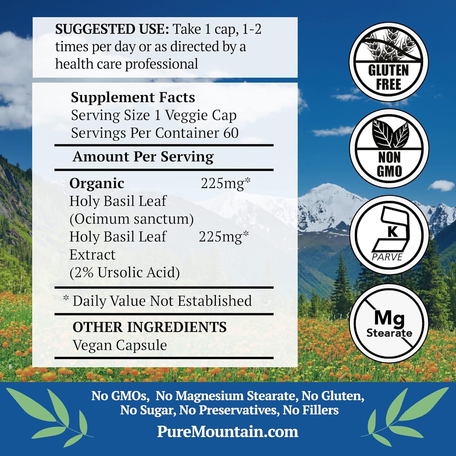 Organic Holy Basil Tulsi Capsules - Vegan Kosher Caps with 450mg Holy Basil Extract from India by Pure Mountain Botanicals