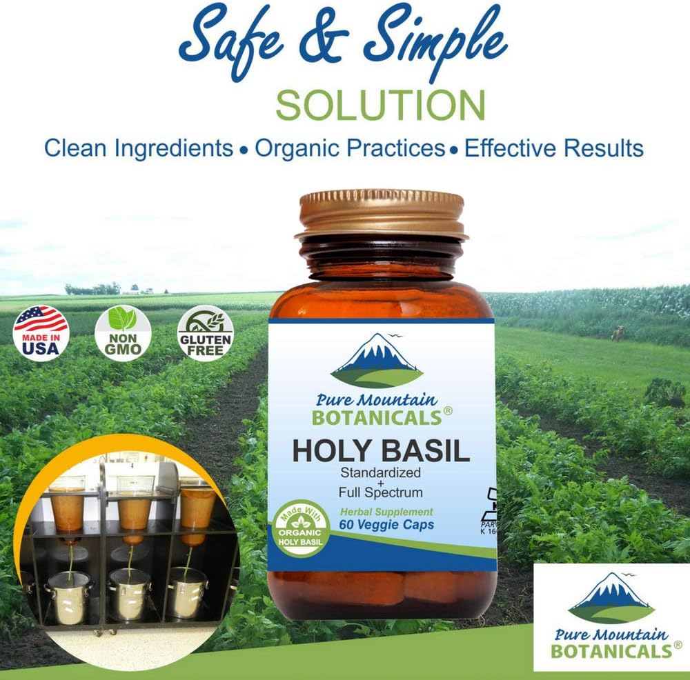 Organic Holy Basil Tulsi Capsules - Vegan Kosher Caps with 450mg Holy Basil Extract from India by Pure Mountain Botanicals
