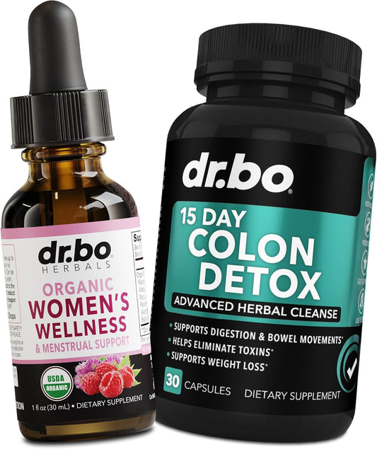 Organic Hormone Balance & Colon Cleanse Set - Women's Hormonal Support Drops, Menstrual Cramp Relief, Intestinal Cleanse Pills, Probiotic Detox