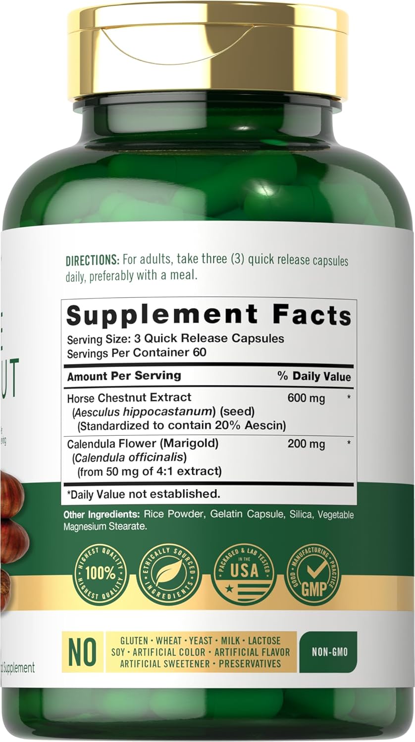 Organic Horse Chestnut Capsules 600mg | 180 Count | Non-GMO, Gluten Free Supplement