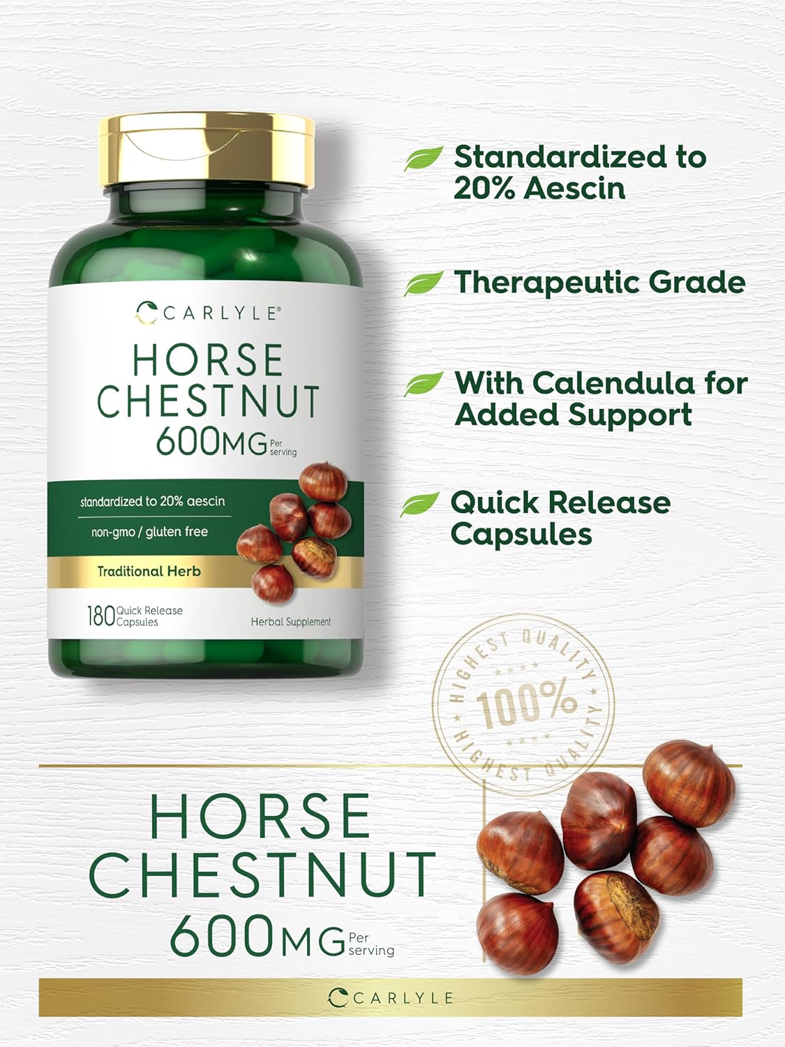 Organic Horse Chestnut Capsules 600mg | 180 Count | Non-GMO, Gluten Free Supplement