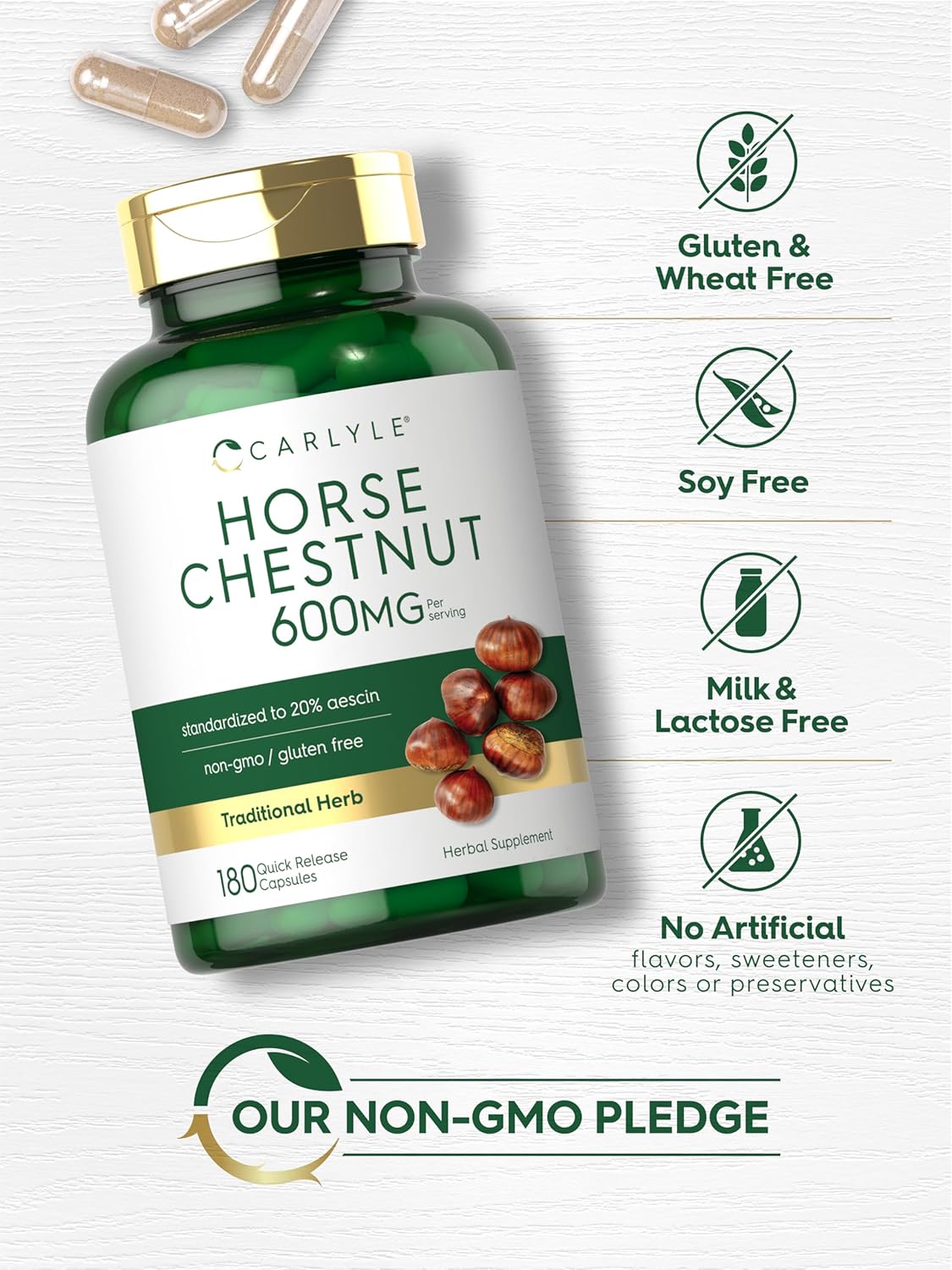 Organic Horse Chestnut Capsules 600mg | 180 Count | Non-GMO, Gluten Free Supplement