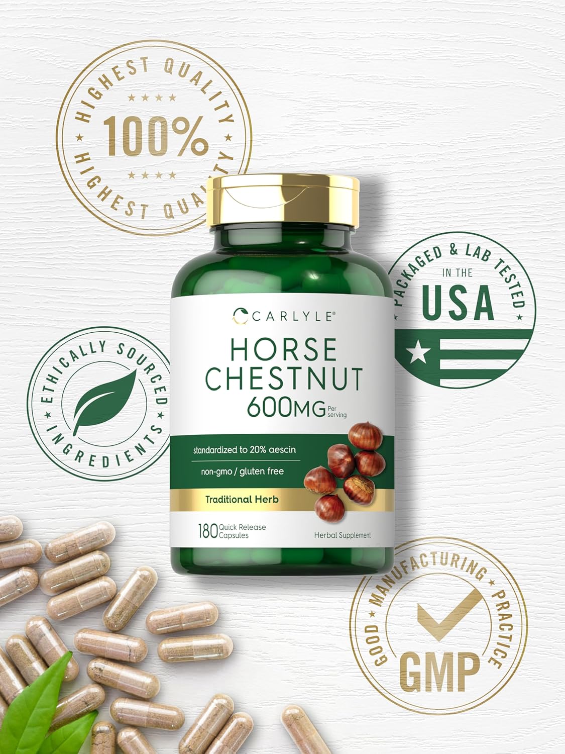 Organic Horse Chestnut Capsules 600mg | 180 Count | Non-GMO, Gluten Free Supplement