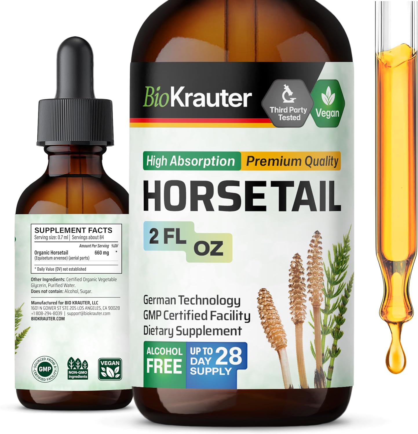 Organic Horsetail Tincture for Hair Support - Pure Vegan Ingredients - Alcohol & Sugar Free - 2 Fl.Oz.