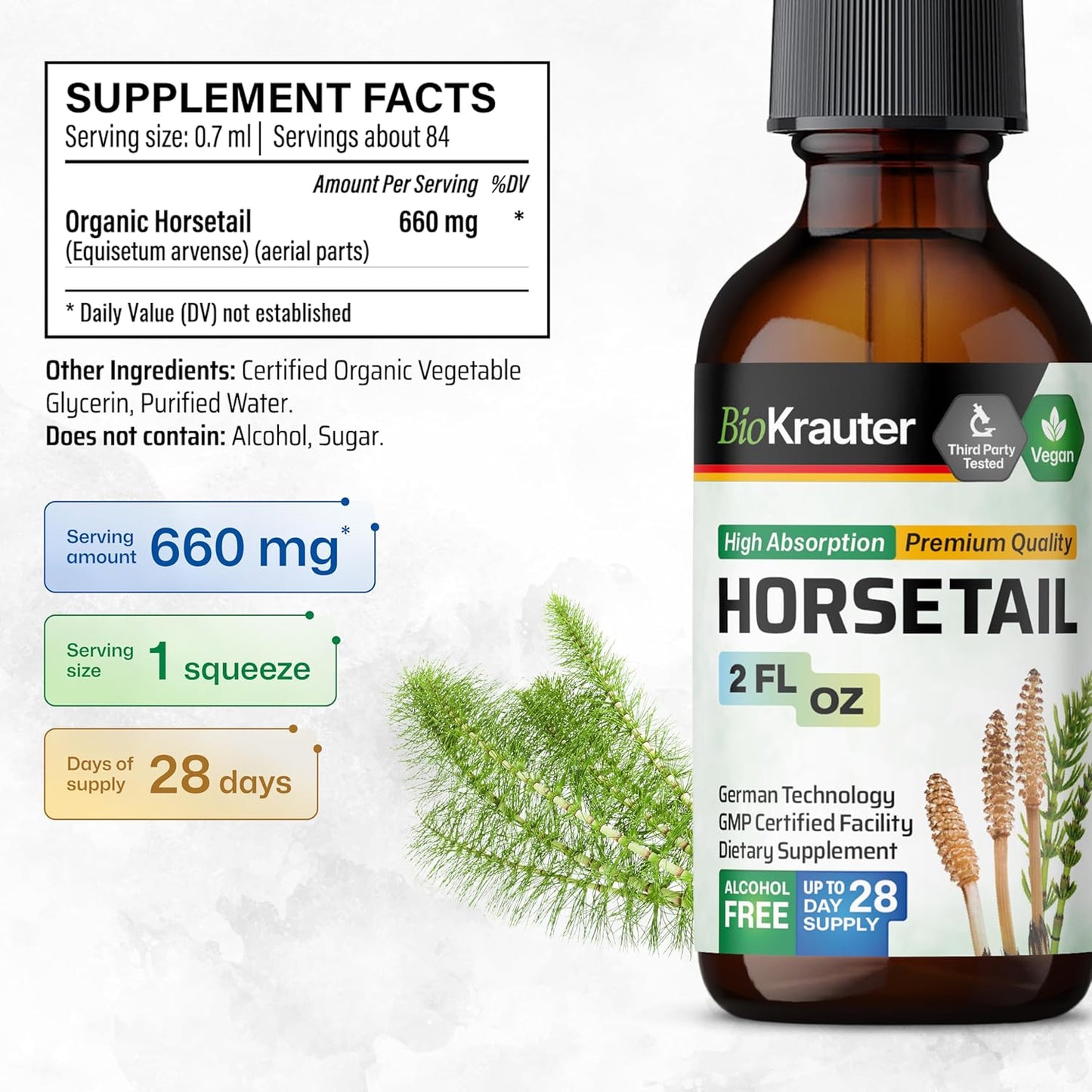 Organic Horsetail Tincture for Hair Support - Pure Vegan Ingredients - Alcohol & Sugar Free - 2 Fl.Oz.