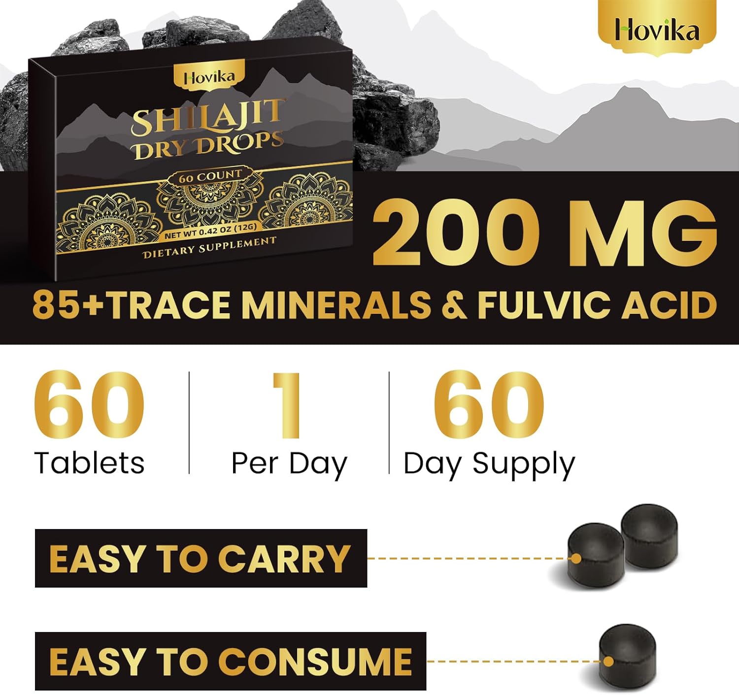 Organic Hovika Himalayan Shilajit Resin Tablets - 100% Pure with 85+ Trace Minerals & Fulvic Acid for Metabolism, Brain Boost, Energy & Immune Support