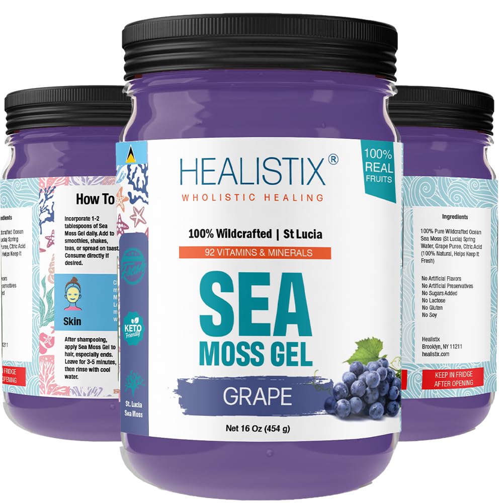 Organic HX HEALISTIX Grape Sea Moss Gel - Superfood with 92 Vitamins for Immune Support, Non-GMO, Keto, Vegan - St Lucia Wildcrafted