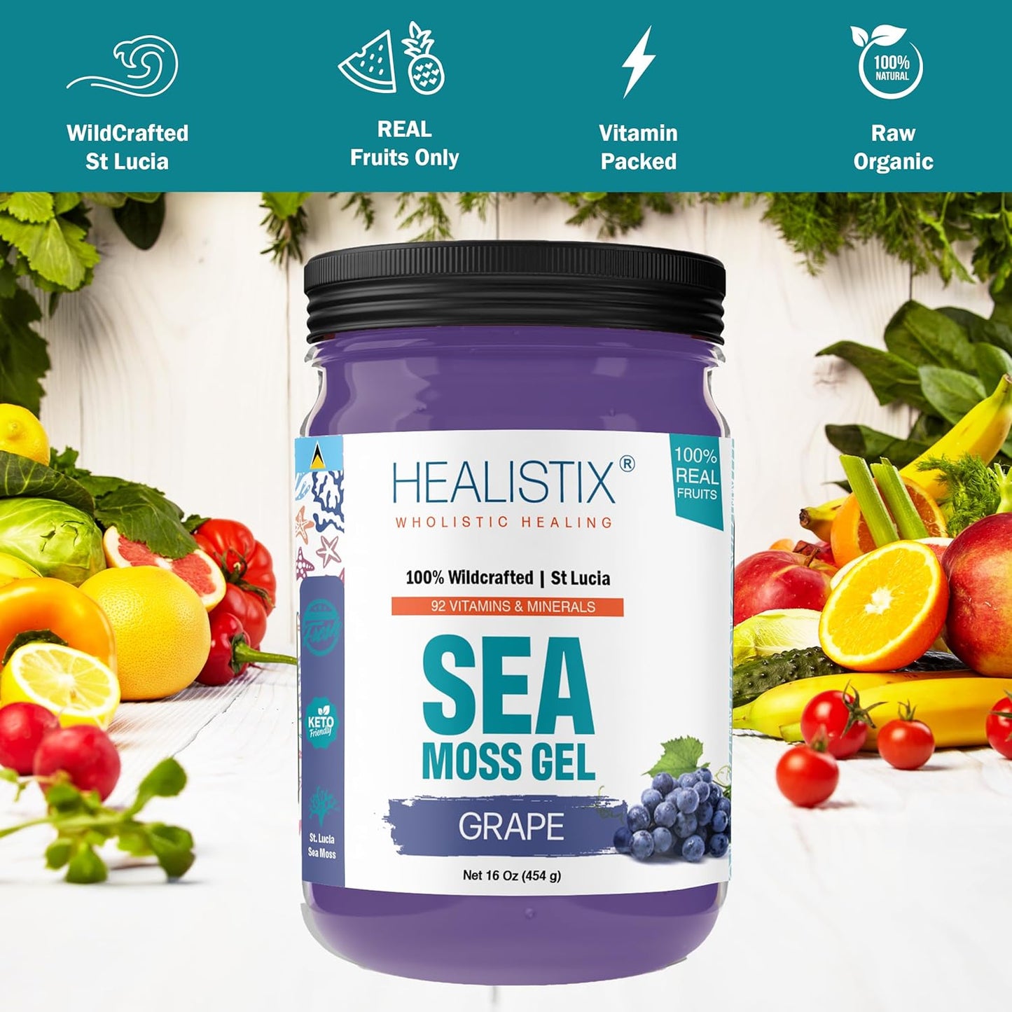 Organic HX HEALISTIX Grape Sea Moss Gel - Superfood with 92 Vitamins for Immune Support, Non-GMO, Keto, Vegan - St Lucia Wildcrafted