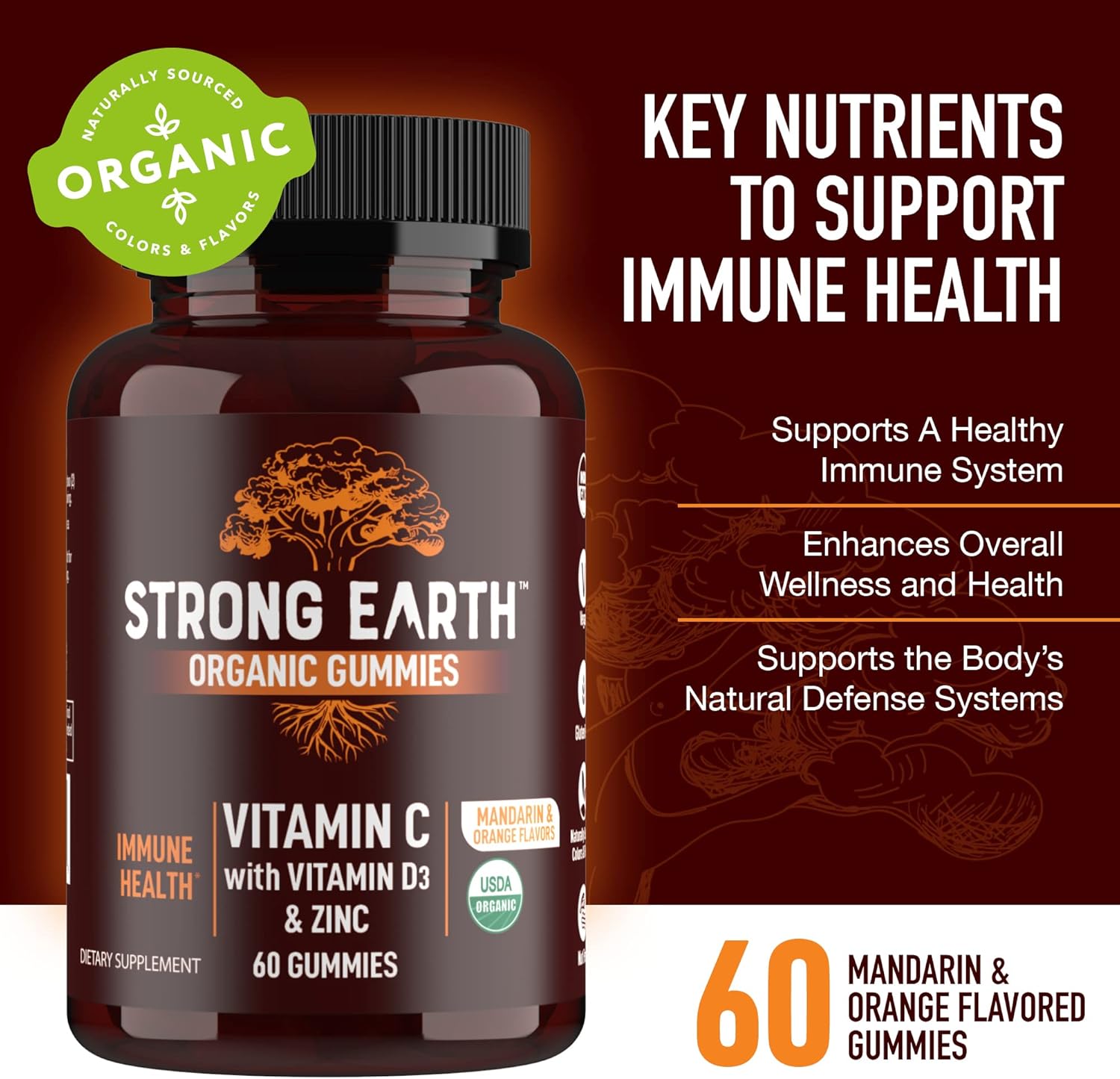 Organic Immune Health Gummies with Vitamin C, D3, Zinc - Multivitamin Support (60 Count)