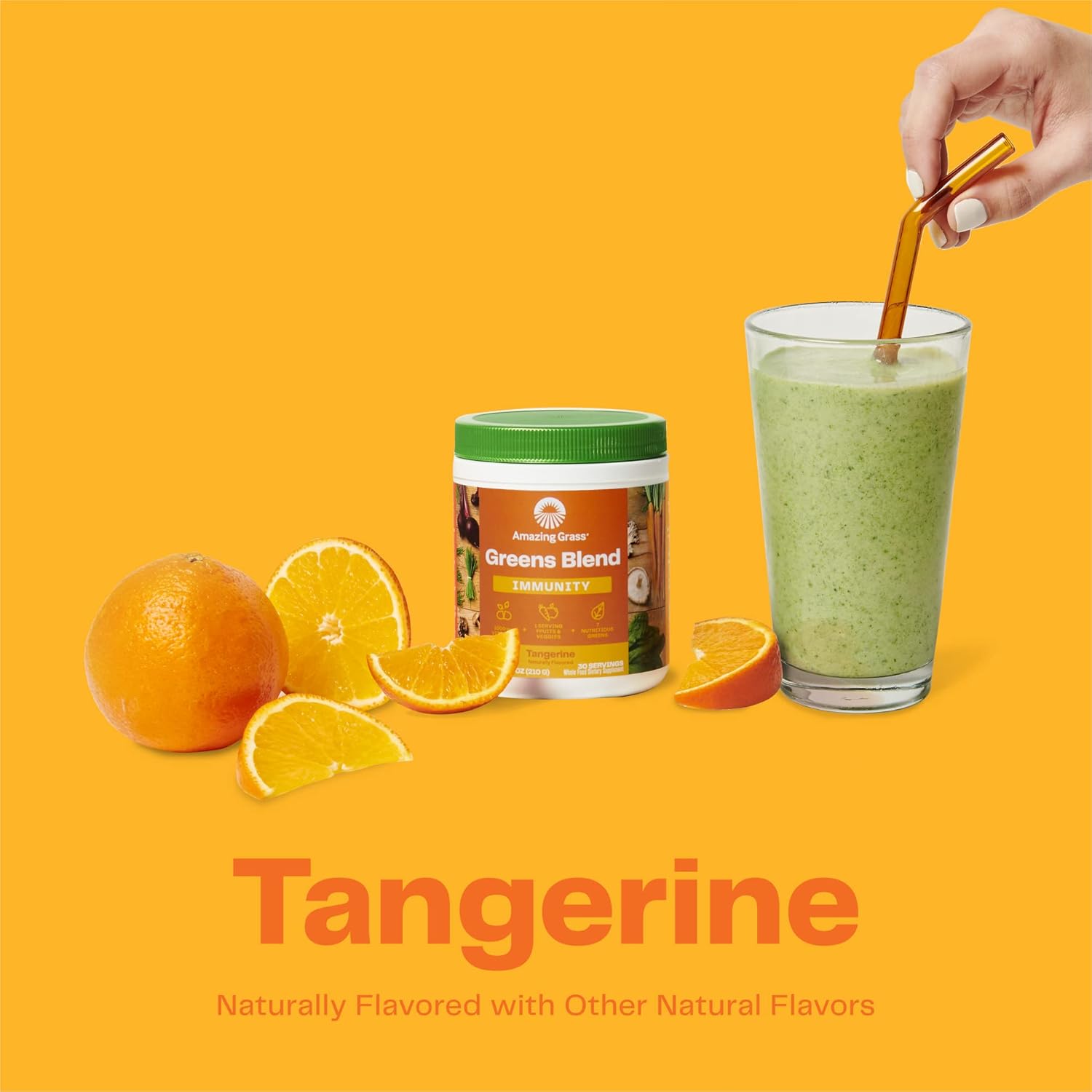 Organic Immune Support Greens Superfood Powder with Spirulina, Chlorella, Probiotics - Tangerine Flavor, 30 Servings