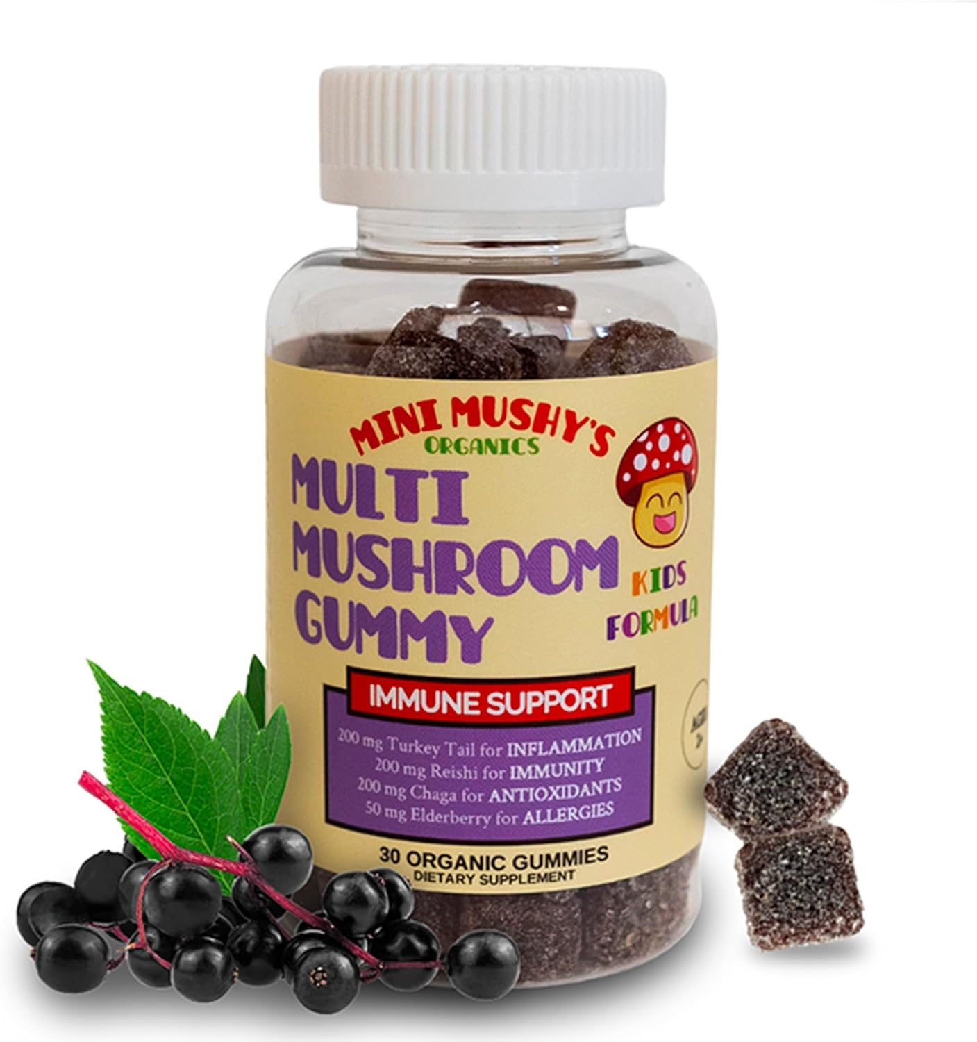 Organic Immune Support Gummies for Kids 2+ | Mini Mushy's Multi Mushroom & Elderberry | Allergy-Friendly, Low Sugar, Strawberry Flavor - 30 Count