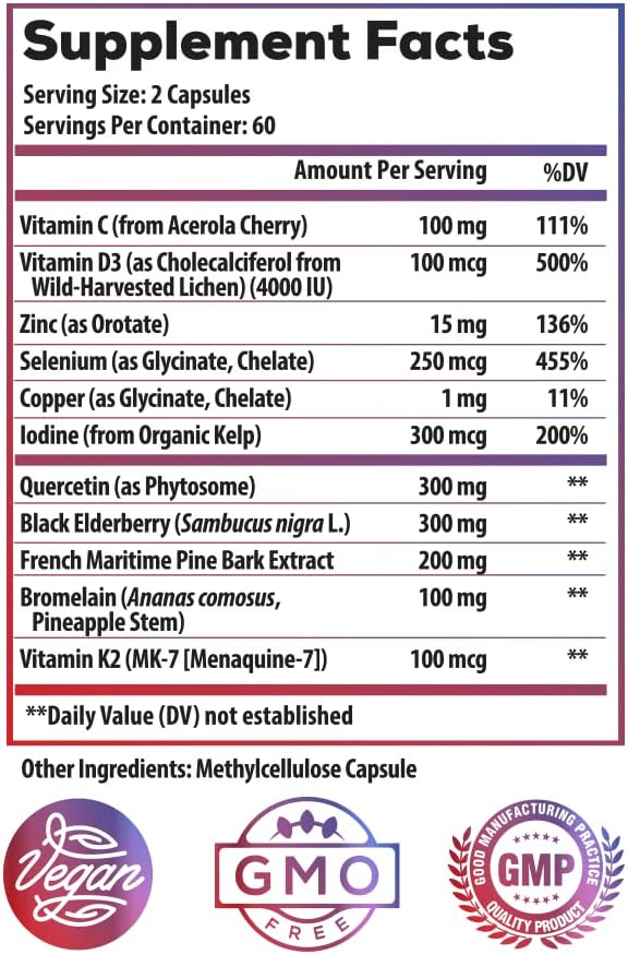 Organic Immune Support Supplement with Vitamin C, D3, K2, Zinc, and Elderberry - Thyroid and Overall Health Boost - 60 Servings