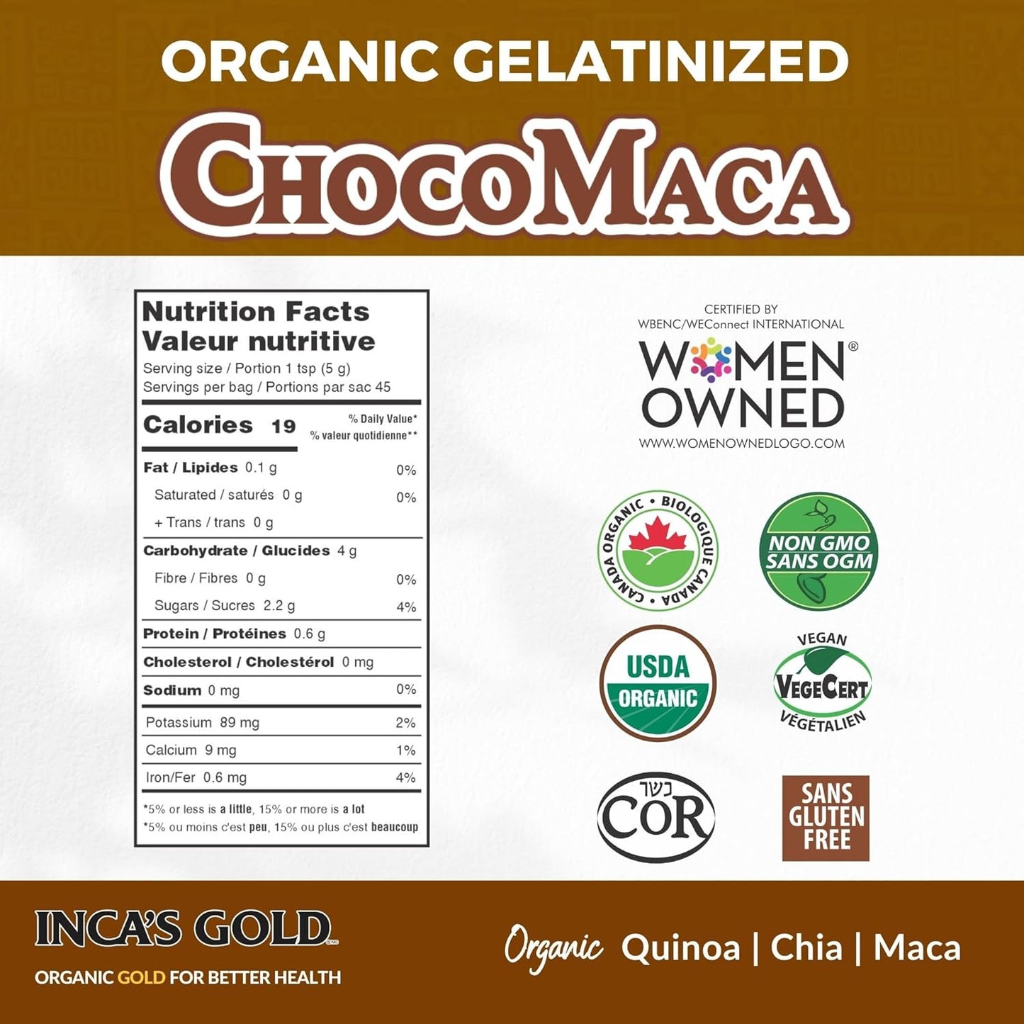 Organic INCA'S GOLD Cocoa Maca Powder 227g - Adaptogenic Superfood Blend, Gluten-free & Non-GMO, Kosher Certified