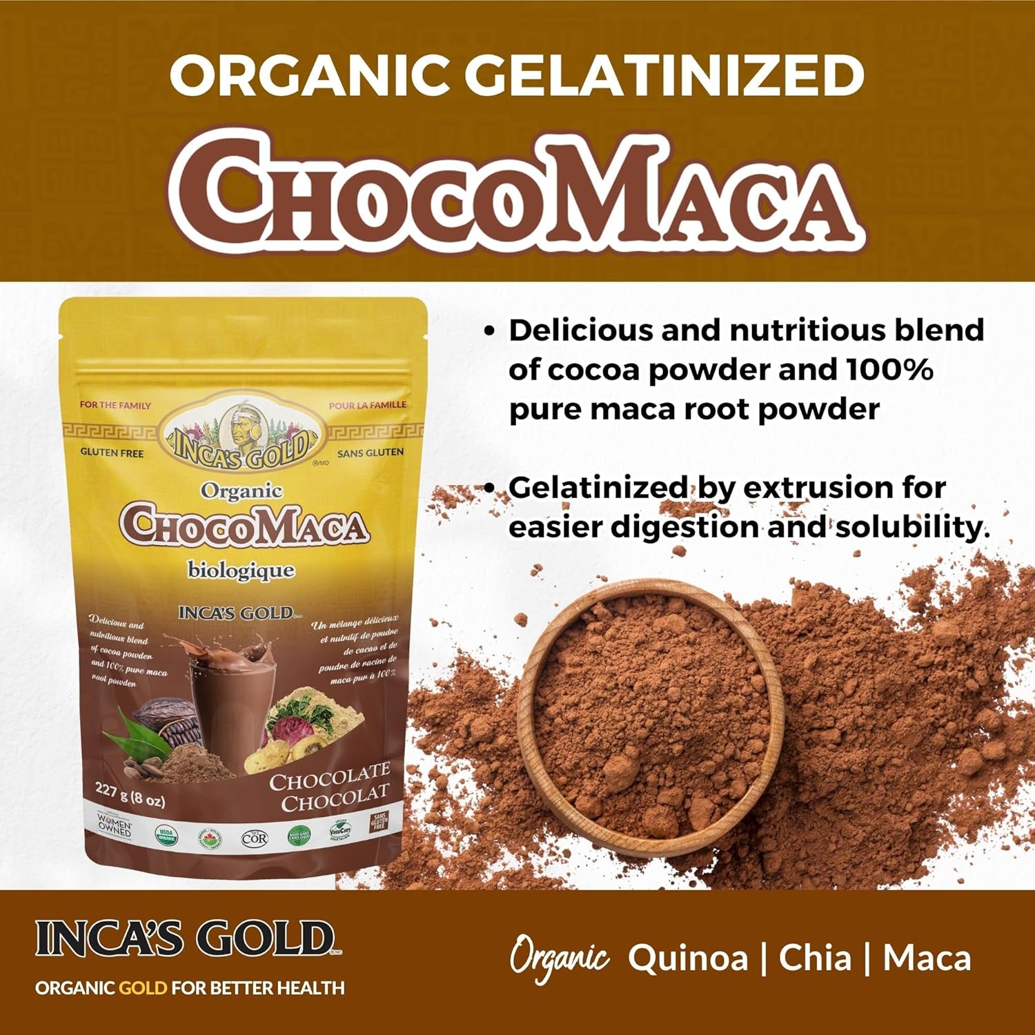 Organic INCA'S GOLD Cocoa Maca Powder 227g - Adaptogenic Superfood Blend, Gluten-free & Non-GMO, Kosher Certified