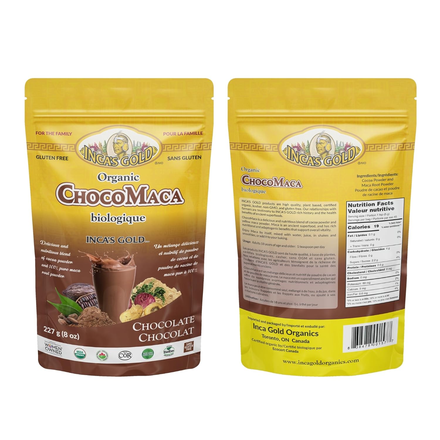 Organic INCA'S GOLD Cocoa Maca Powder 227g - Adaptogenic Superfood Blend, Gluten-free & Non-GMO, Kosher Certified