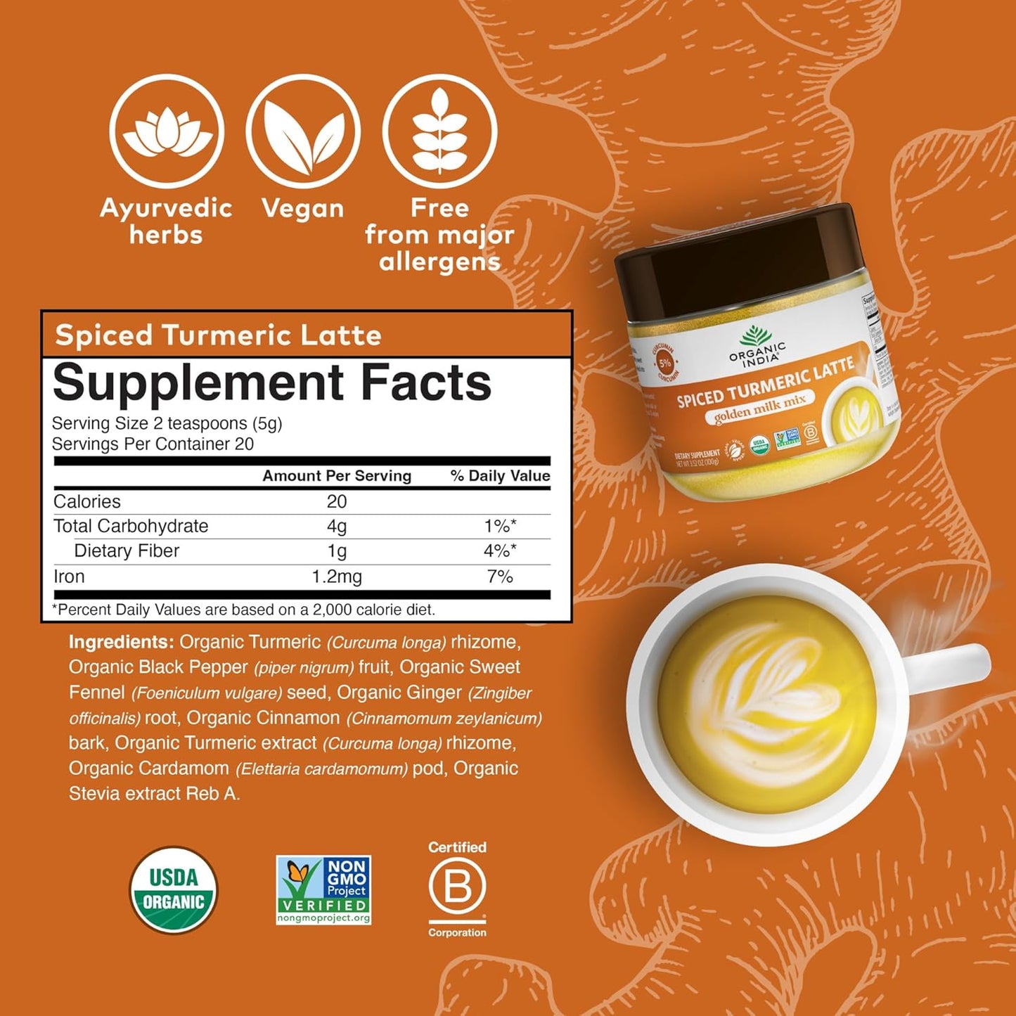 Organic India Golden Milk Mix Powder with Turmeric, Ginger, and Cinnamon - Ayurvedic Vegan Drink, Caffeine-Free and Sugar-Free - 3.52 Oz