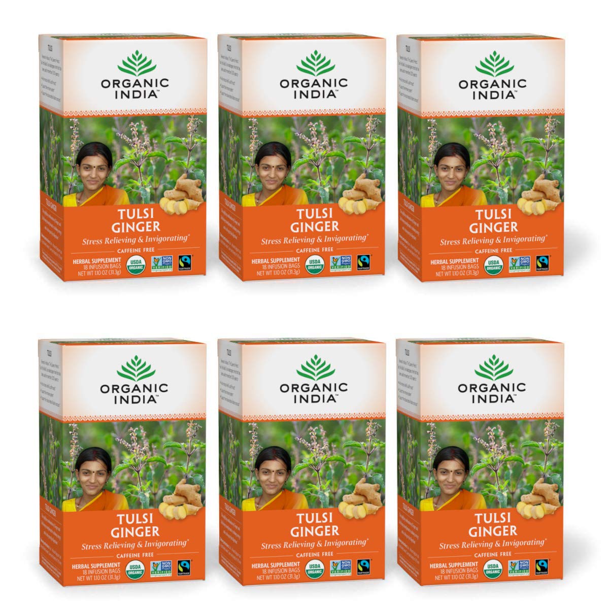 Organic India Tulsi Ginger Herbal Tea - Stress Relief & Immune Support - 18 Infusion Bags, 6 Pack - USDA Certified Organic, Gluten-Free, Vegan, Caffeine-Free