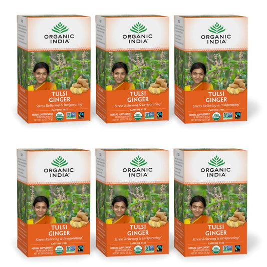 Organic India Tulsi Ginger Herbal Tea - Stress Relief & Immune Support - 18 Infusion Bags, 6 Pack - USDA Certified Organic, Gluten-Free, Vegan, Caffeine-Free