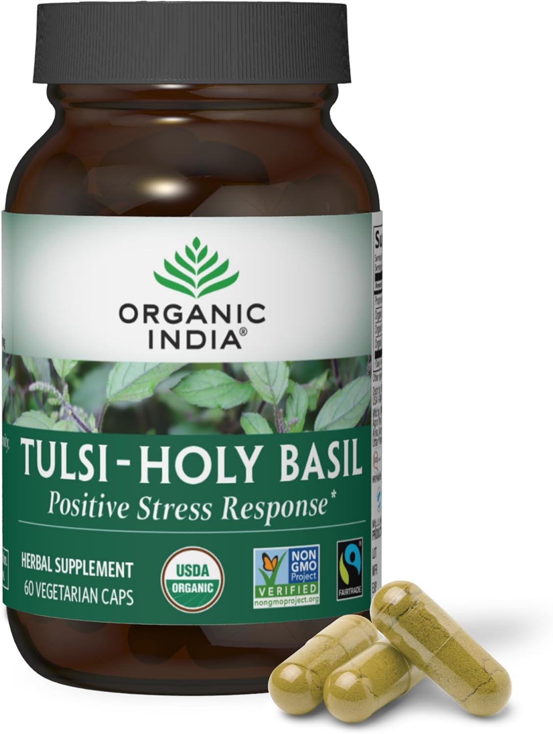 Organic India Tulsi Holy Basil Capsules - Herbal Supplement for Immune Support and Stress Relief - 60 Capsules, Vegan, Gluten-Free, Kosher, Non-GMO