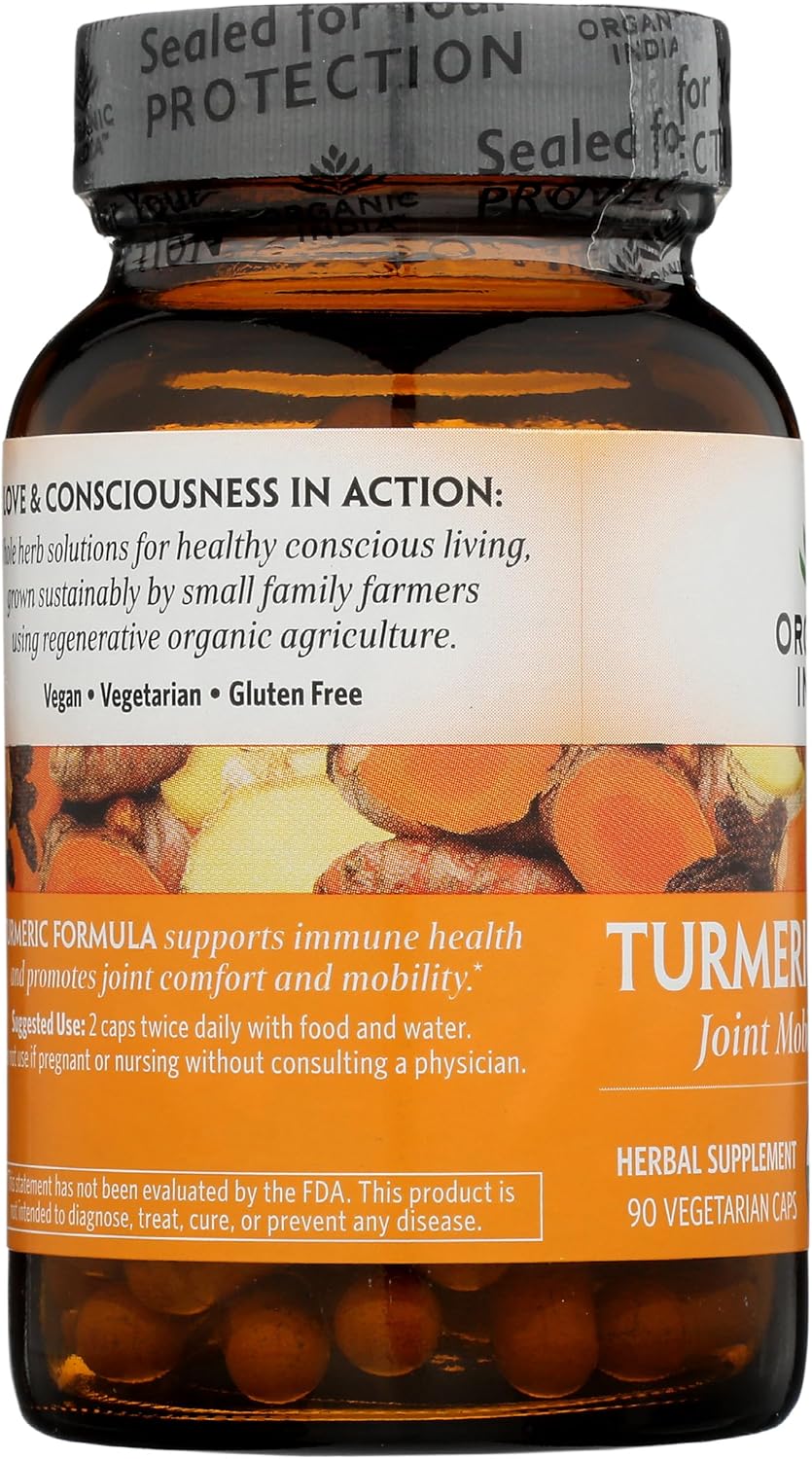 Organic India Turmeric Curcumin Supplement - Supports Joint Mobility, Immune System, Inflammatory Response - 90 Capsules