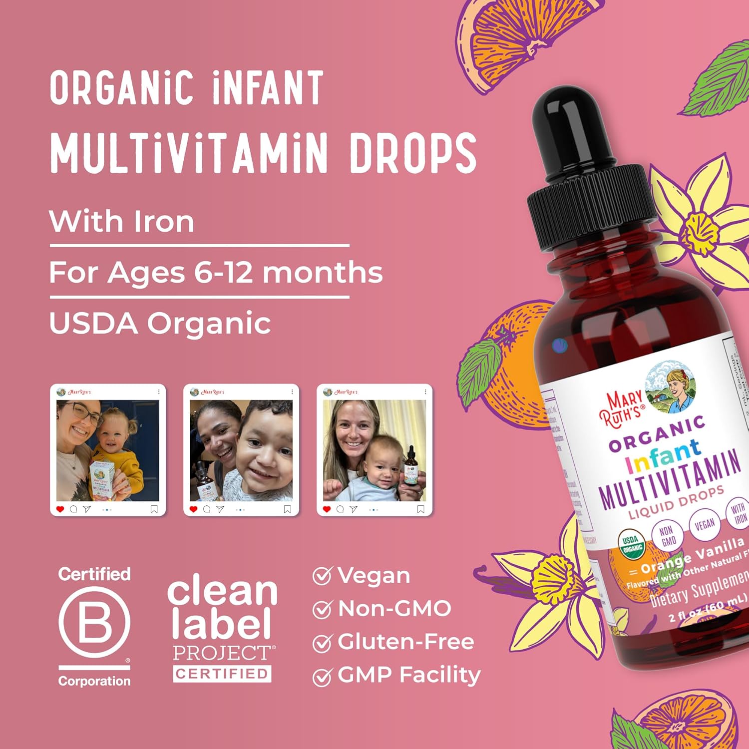 Organic Infant Multivitamin with Iron | Liquid Drops for 6-12 Months | Immune Support & Wellness | Vegan | Non-GMO | Gluten-Free | 2 Fl Oz