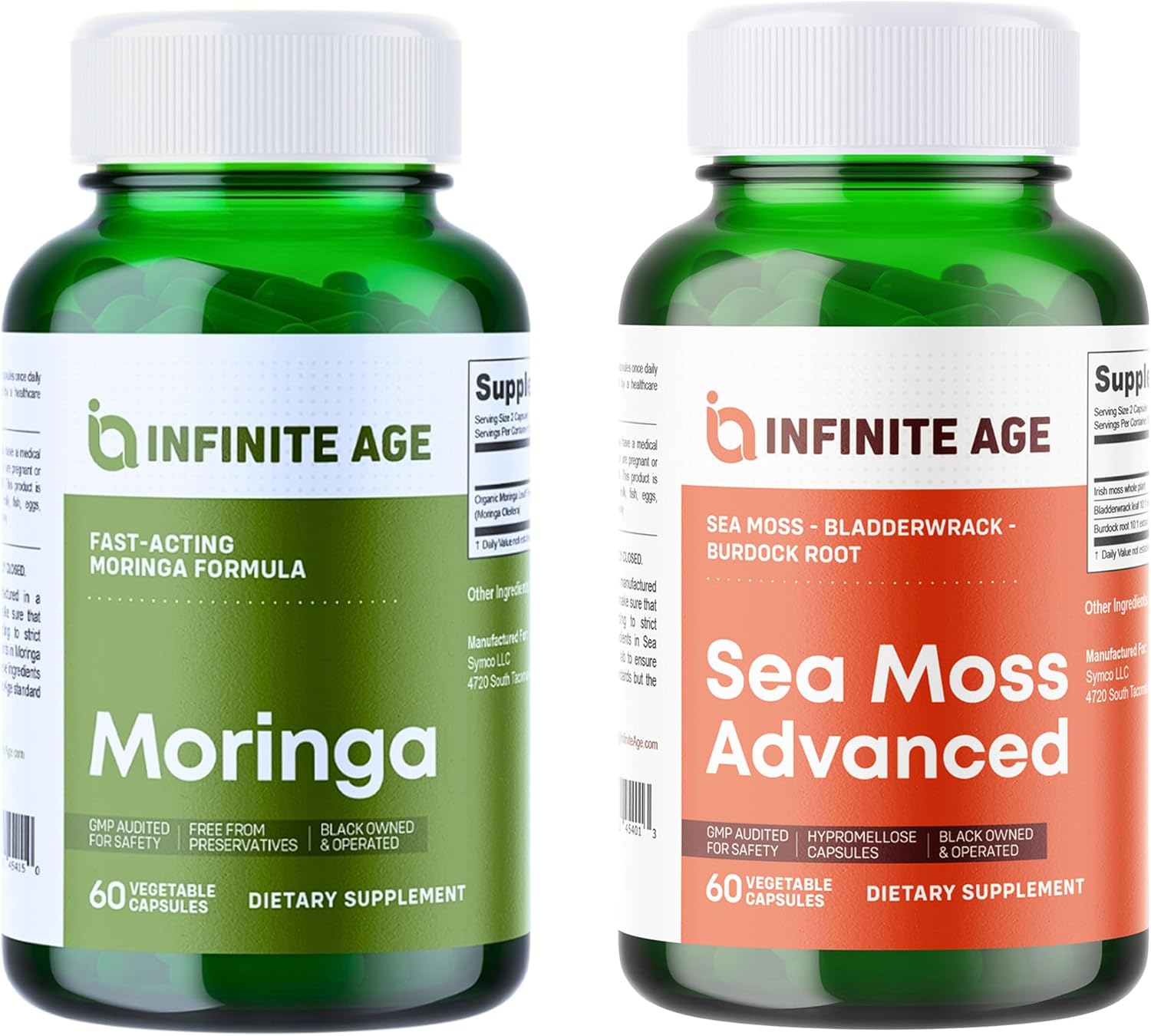 Organic Infinite Age Wellness Bundle: Sea Moss Advanced 1250mg + Moringa Powder 1000mg Supplement - USA Made