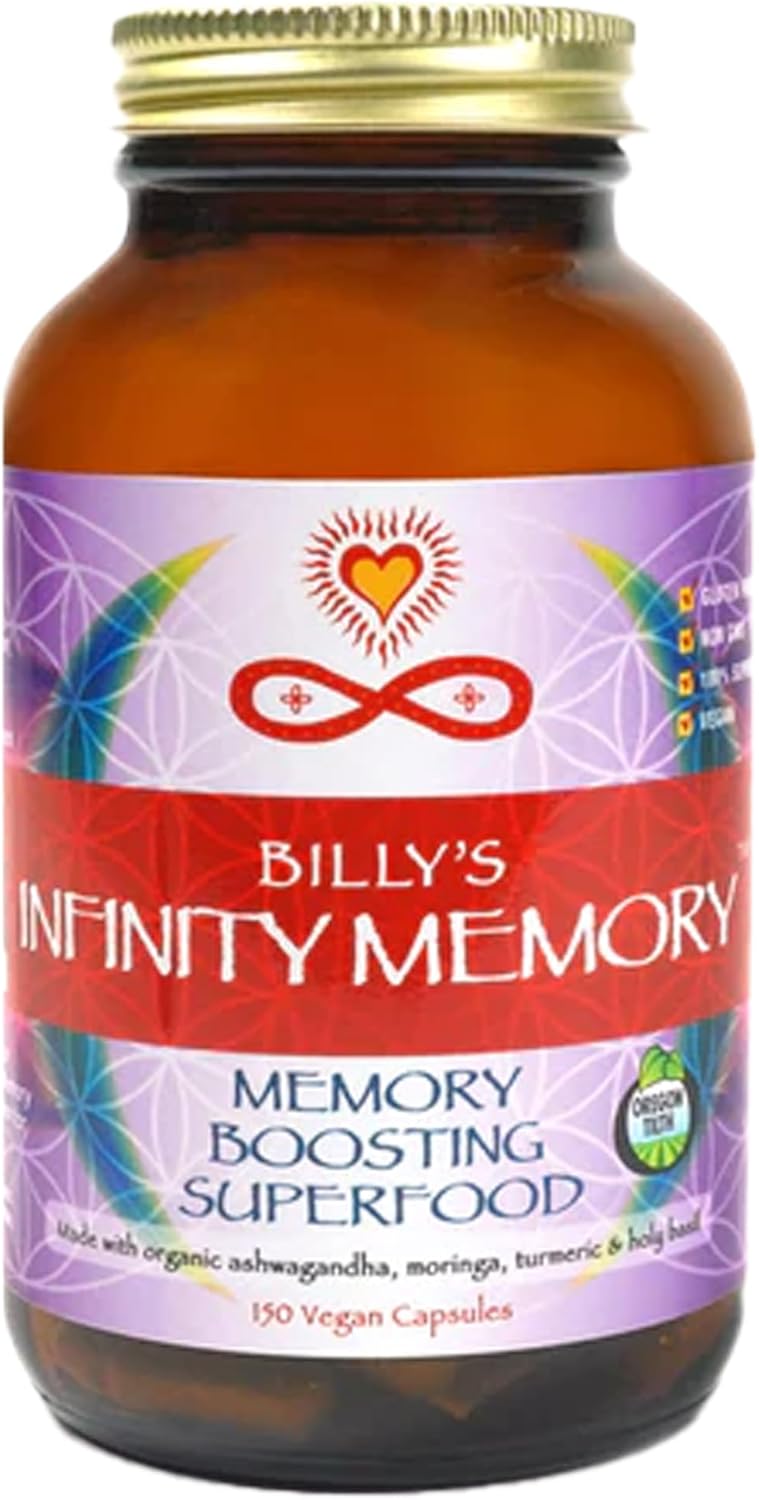 Organic Infinity Greens Memory and Focus Supplement with Lions Mane, Ashwagandha, Holy Basil, Turmeric - 150 Capsules for Men and Women
