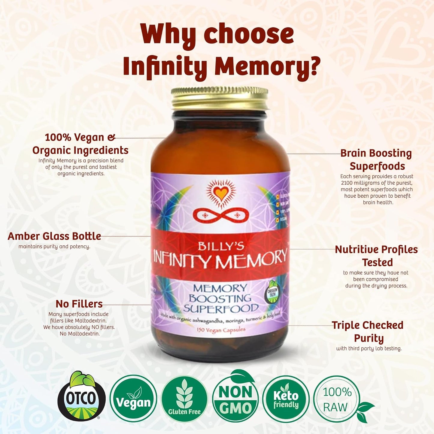 Organic Infinity Greens Memory and Focus Supplement with Lions Mane, Ashwagandha, Holy Basil, Turmeric - 150 Capsules for Men and Women