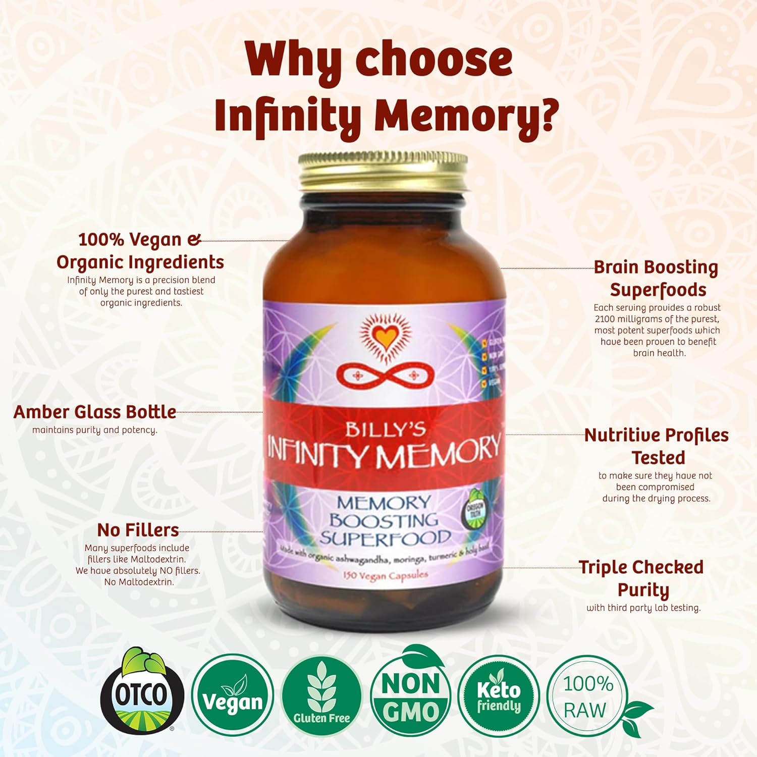 Organic Infinity Greens Memory and Focus Supplement with Lions Mane, Ashwagandha, Holy Basil, Turmeric - 150 Capsules for Men and Women
