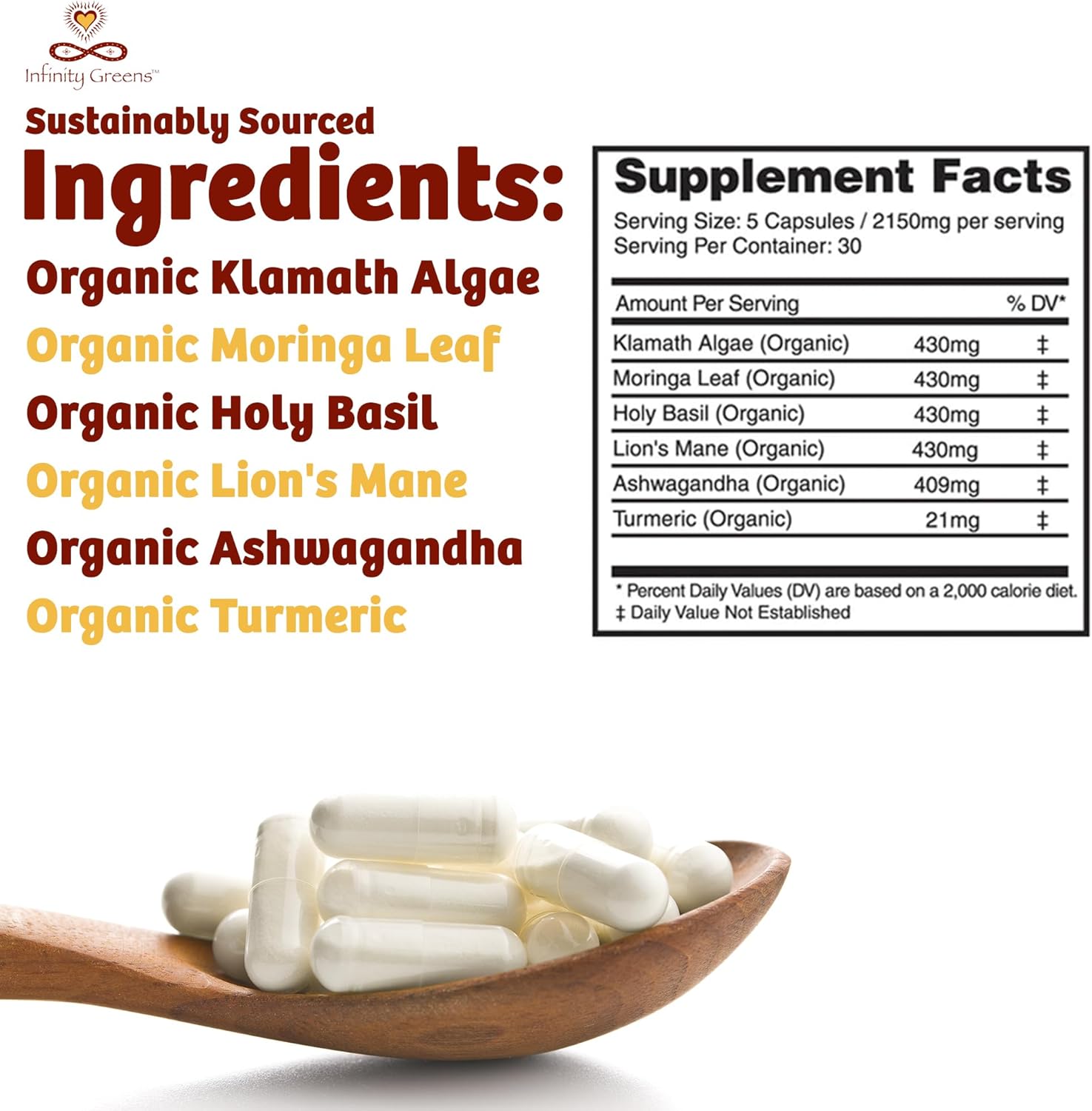 Organic Infinity Greens Memory and Focus Supplement with Lions Mane, Ashwagandha, Holy Basil, Turmeric - 150 Capsules for Men and Women