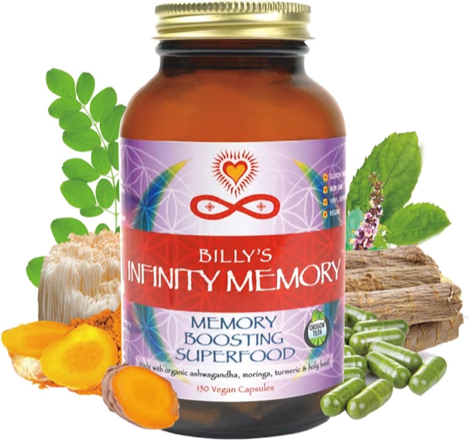 Organic Infinity Greens Memory and Focus Supplement with Lions Mane, Ashwagandha, Holy Basil, Turmeric - 150 Capsules for Men and Women