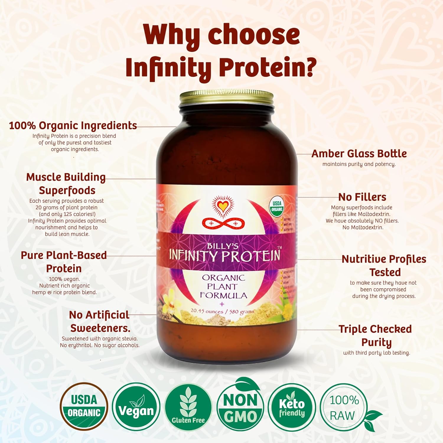 Organic Infinity Greens Plant Based Protein Powder with Enzymes & Prickly Pear Nopal Cactus - Vegan, Sugar Free, Non GMO (580g)