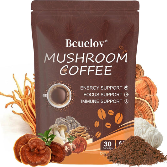 Organic Instant Mushroom Coffee with 6 Adaptogenic Mushrooms for Energy, Focus, Digestion & Immune Support