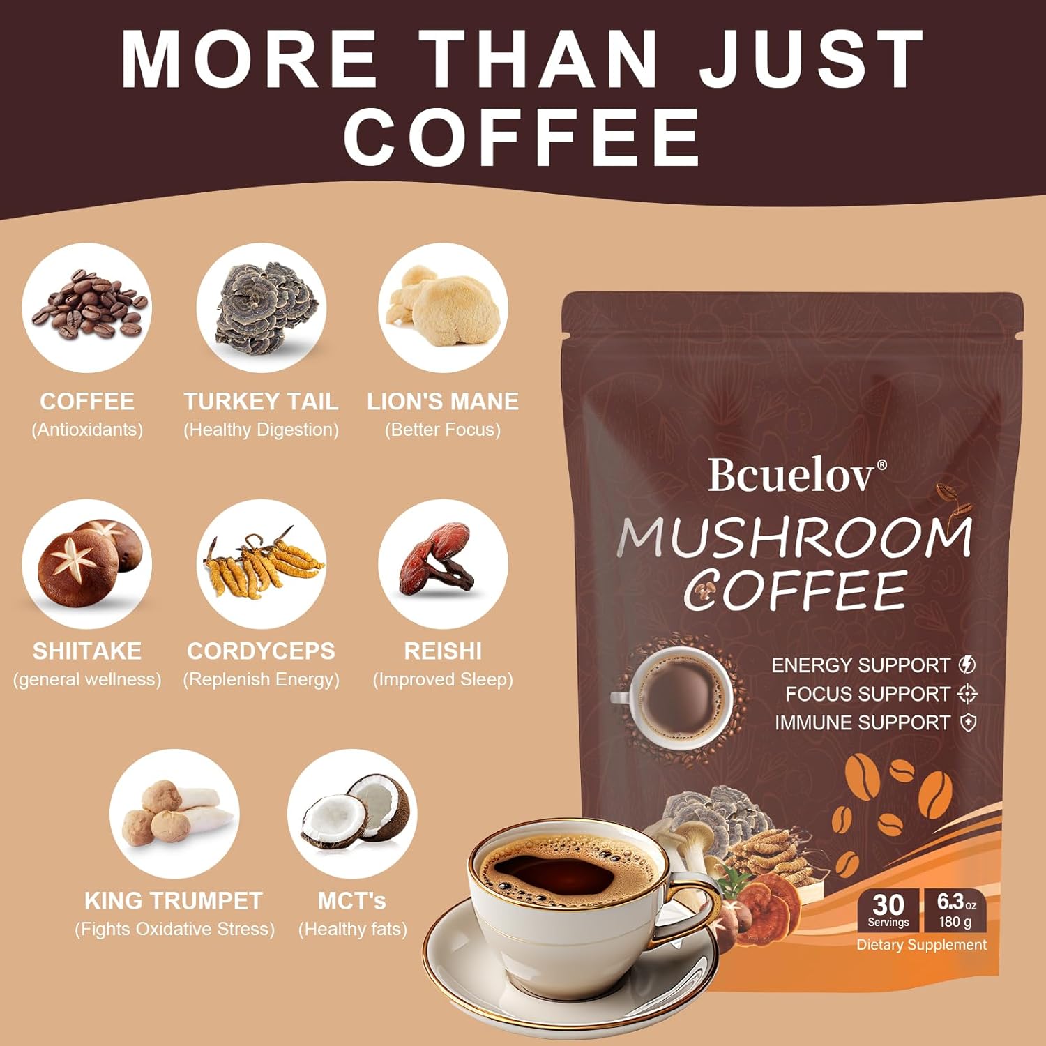 Organic Instant Mushroom Coffee with 6 Adaptogenic Mushrooms for Energy, Focus, Digestion & Immune Support