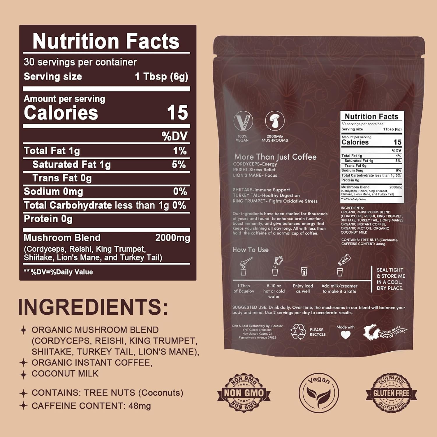 Organic Instant Mushroom Coffee with 6 Adaptogenic Mushrooms for Energy, Focus, Digestion & Immune Support