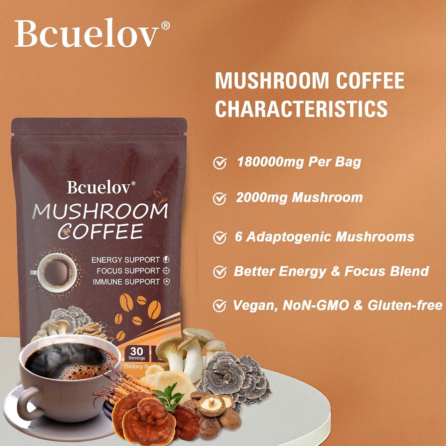 Organic Instant Mushroom Coffee with 6 Adaptogenic Mushrooms for Energy, Focus, Digestion & Immune Support