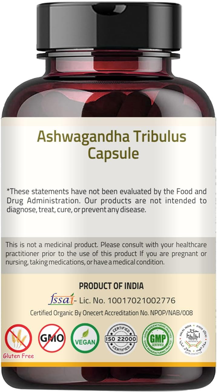 Organic Ireya Ayurveda Ashwagandha Capsules 1000mg (90 Capsules) with Tribulus Terrestris, Shatavari, and Black Pepper - 45 Day Supply