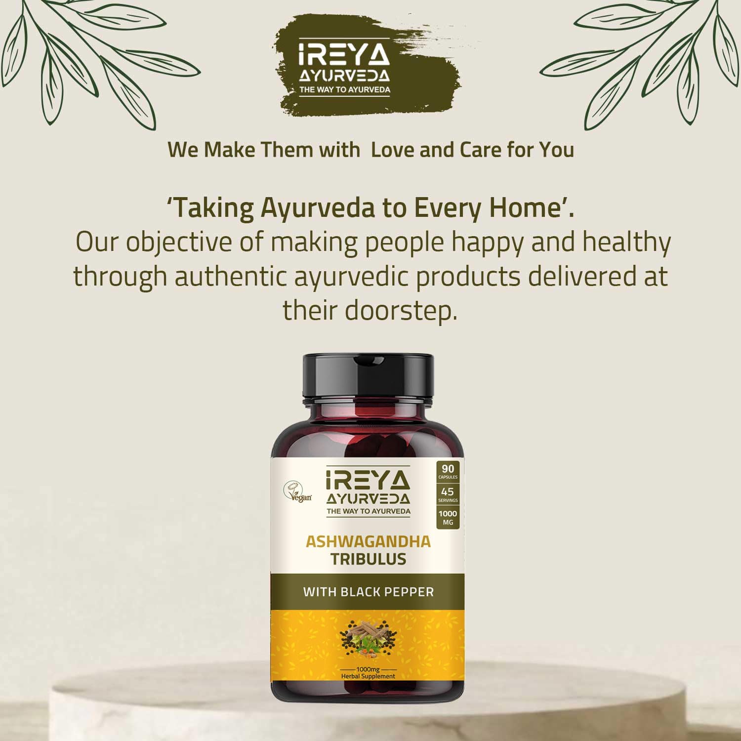Organic Ireya Ayurveda Ashwagandha Capsules 1000mg (90 Capsules) with Tribulus Terrestris, Shatavari, and Black Pepper - 45 Day Supply
